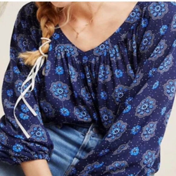 Maeve Anthropologie Long Sleeve Boswell Blouse Women's Size 10 Blue Floral - Picture 2 of 8